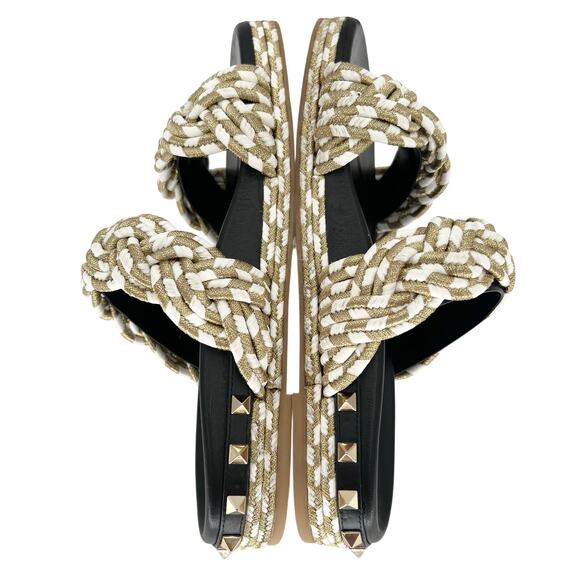 VALENTINO GARAVANI Rockstud Metallic Rope Slide Espadrille EU 37 Gold Sandals - Picture 5 of 13